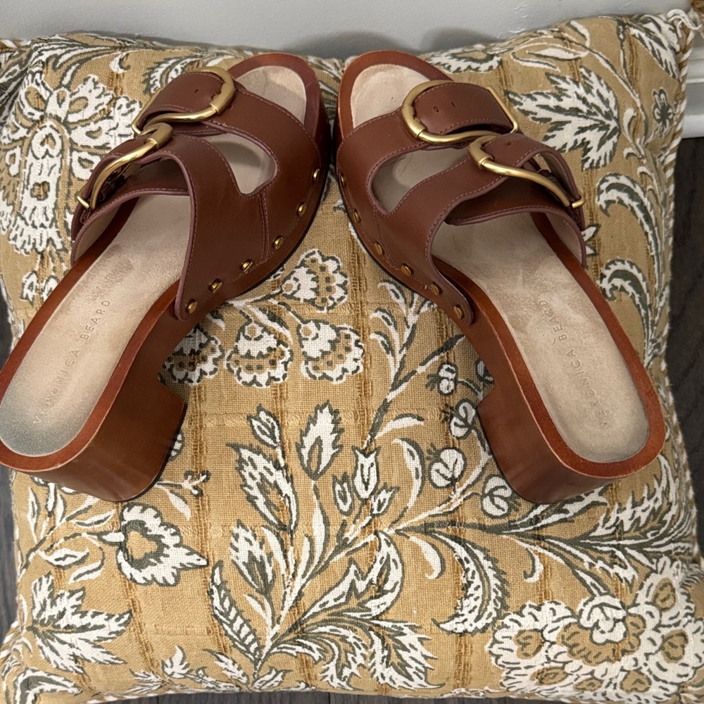 Veronica Beard Brown Leather Mules with Gold Buckle